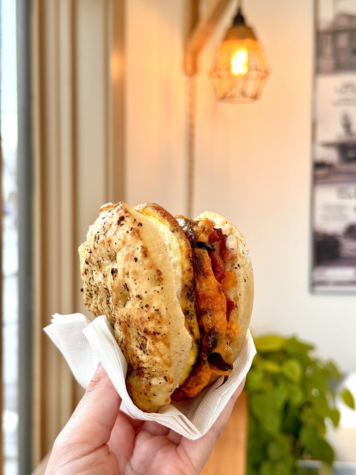 Fresh-baked focaccia breakfast sandwich